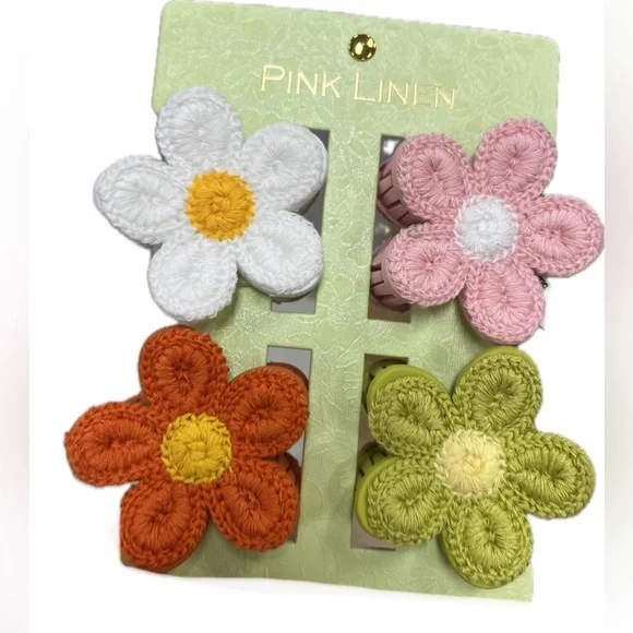 NWT 💚🧡🩷 Piper K Hair Claw Clips set of 4 flowers knitted crochet - Picture 8 of 14